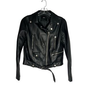 Zara Black Faux Leather Biker Jacket with Wide Lapel size Small